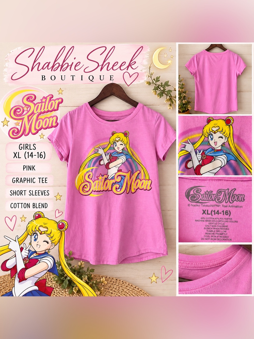 Girls Sailor Moon Pink Graphic T-Shirt XL 14-16 Anime Tee